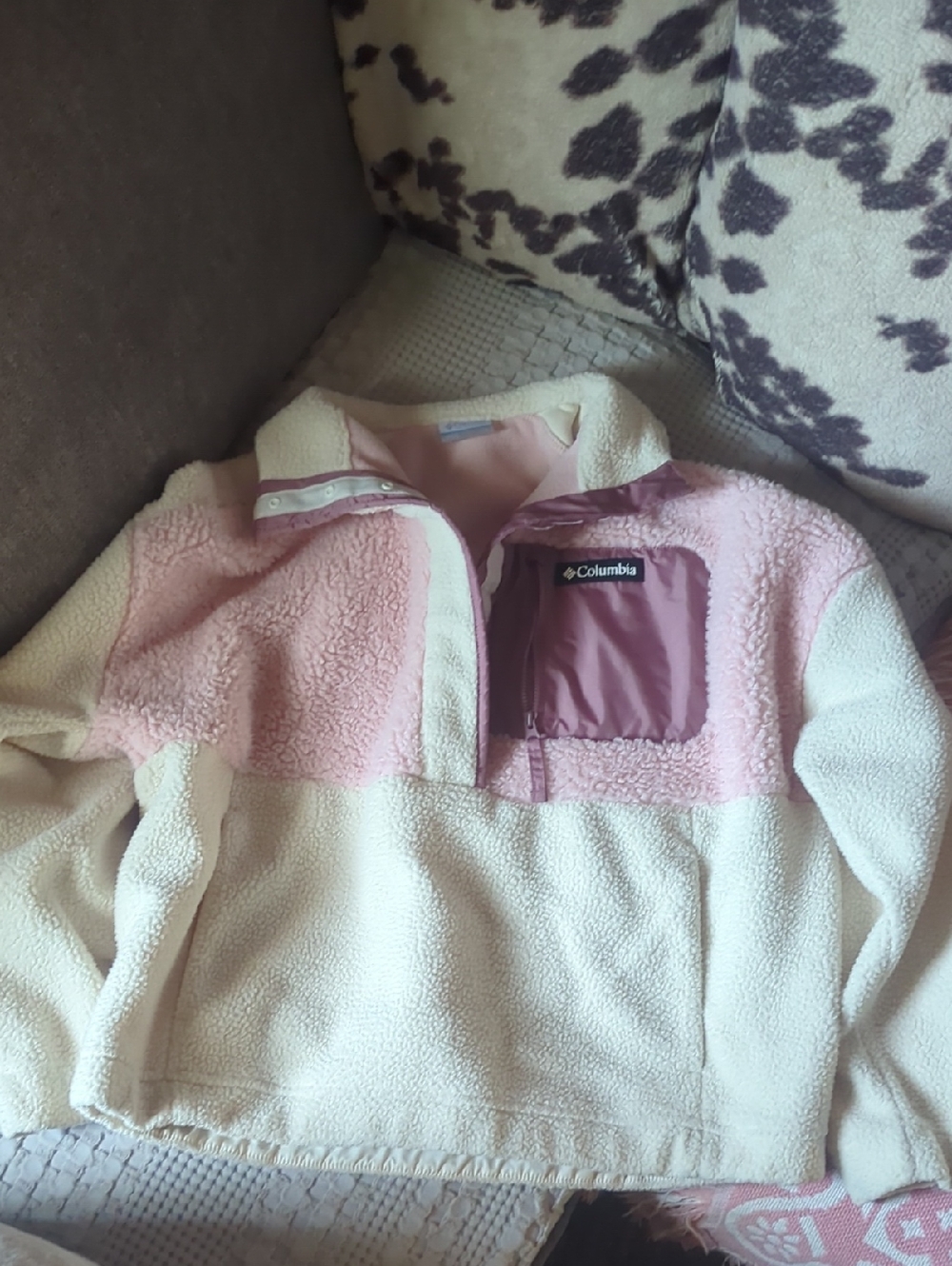 Columbia Women's L Pink and Cream Sherpa Half-Zip Pullover